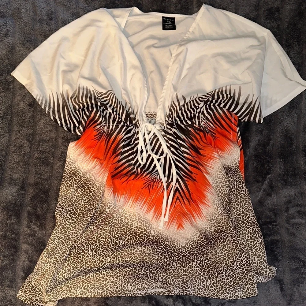New York & Company White and Orange and Brown Blouse - Picture 1 of 3